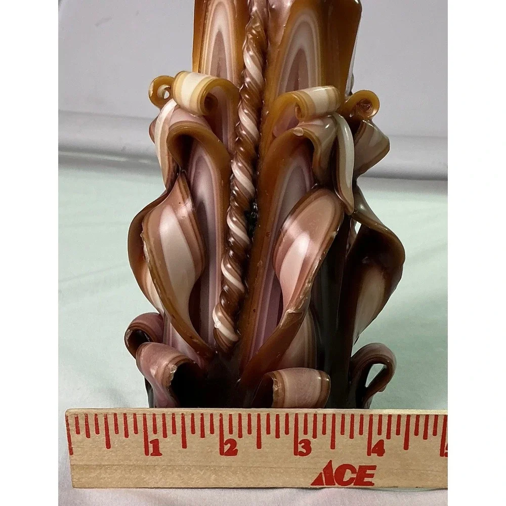 Vintage Hand Carved Layered Pillar Candle Brown Pink Cream Floral Scroll
